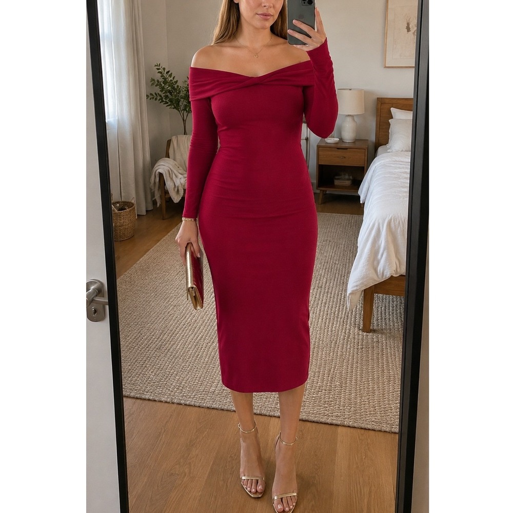 Universal Thread Off Shoulder Midi Dress L Red Twist Front Ribbed Holiday Chic